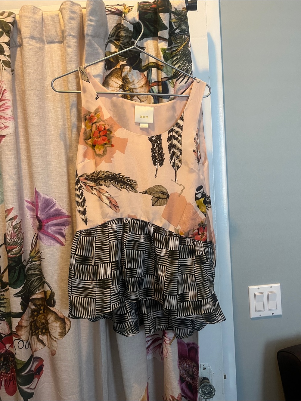 Maeve Pink Floral & Black Patterned Ruffle Tank